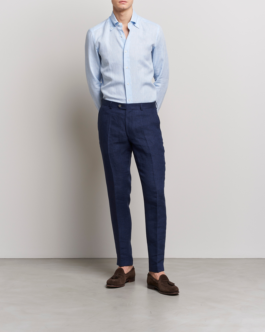 Herr | Skjortor | Mazzarelli | Soft Linen Button Down Shirt Light Blue