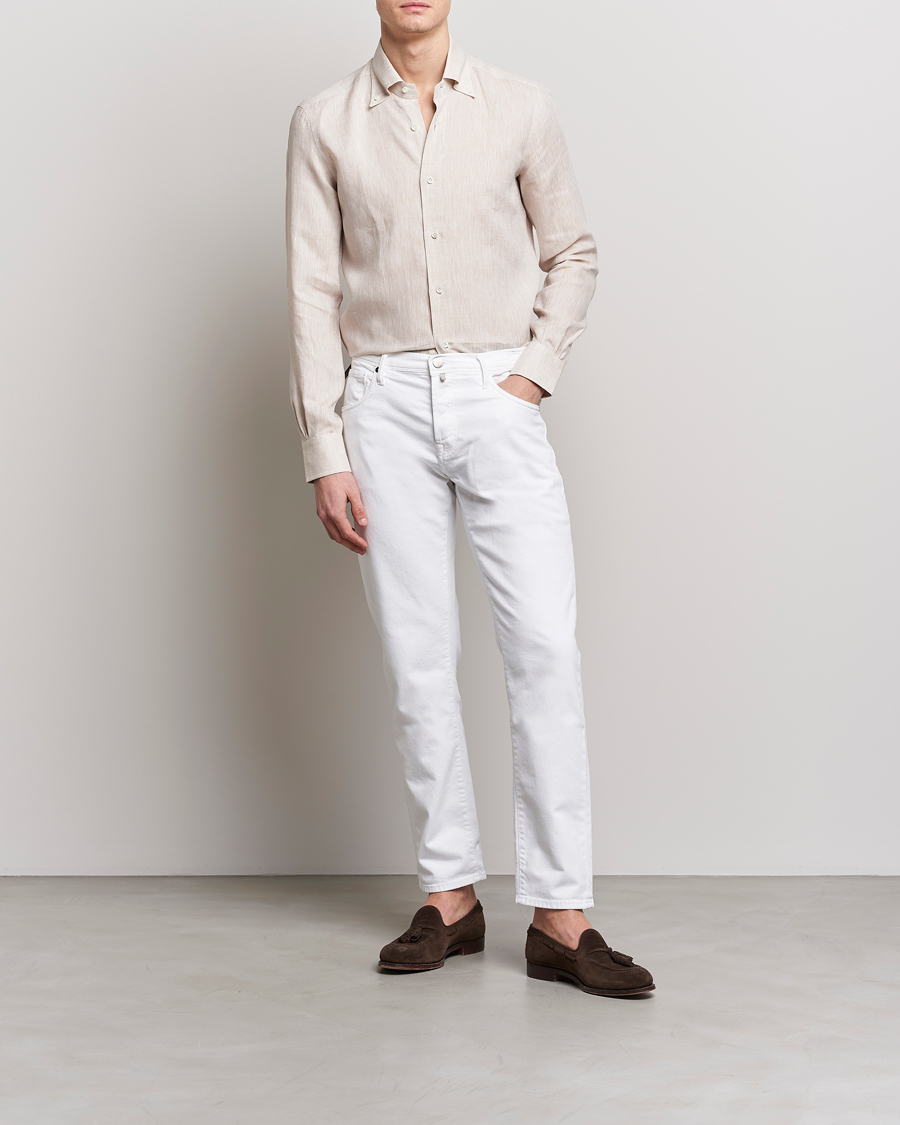 Herr | Skjortor | Mazzarelli | Soft Linen Button Down Shirt Beige
