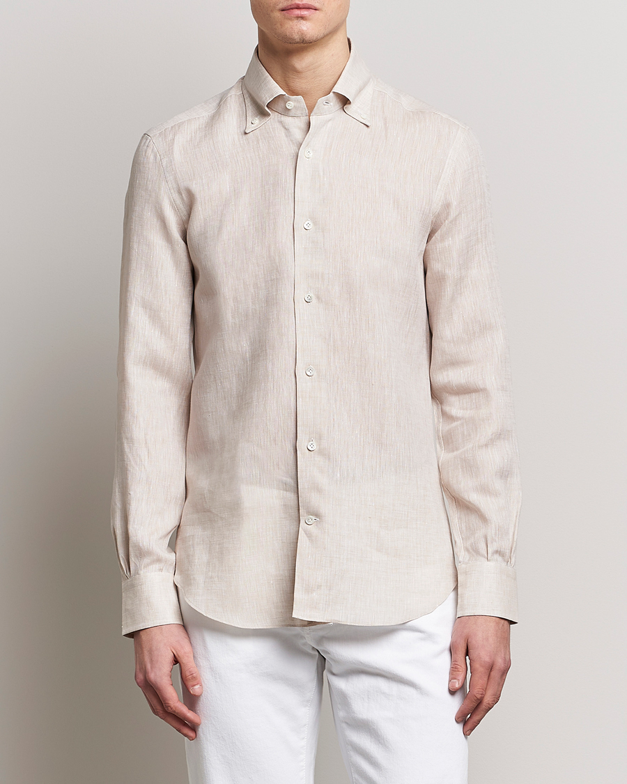 Herr | Linneskjortor | Mazzarelli | Soft Linen Button Down Shirt Beige