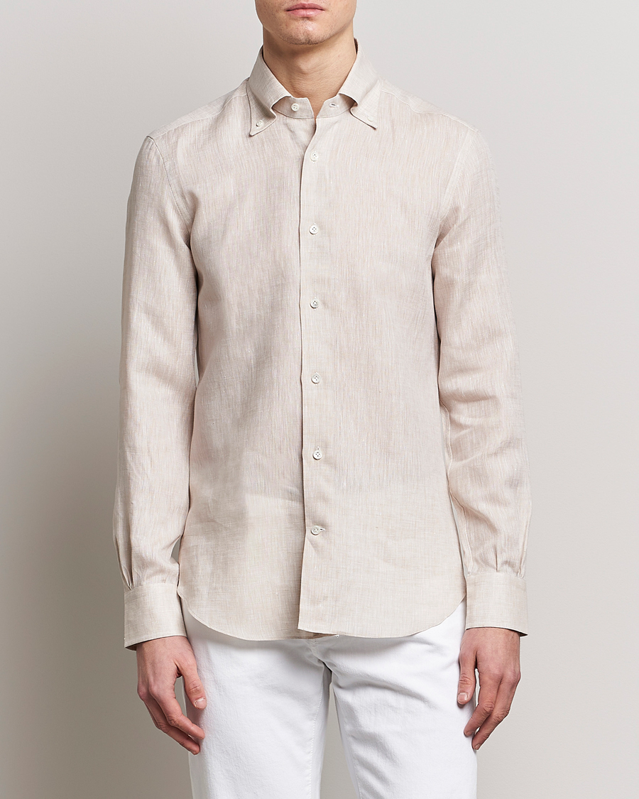Herr | Skjortor | Mazzarelli | Soft Linen Button Down Shirt Beige