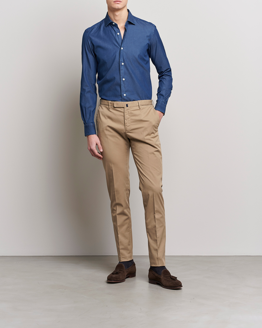 Herr | Skjortor | Mazzarelli | Soft Denim Cut Away Shirt Dark Indigo
