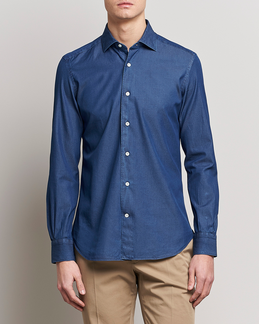 Herr | Skjortor | Mazzarelli | Soft Denim Cut Away Shirt Dark Indigo