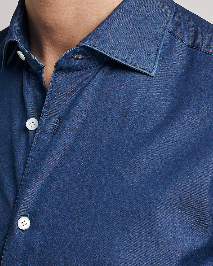 Herr | Skjortor | Mazzarelli | Soft Denim Cut Away Shirt Dark Indigo