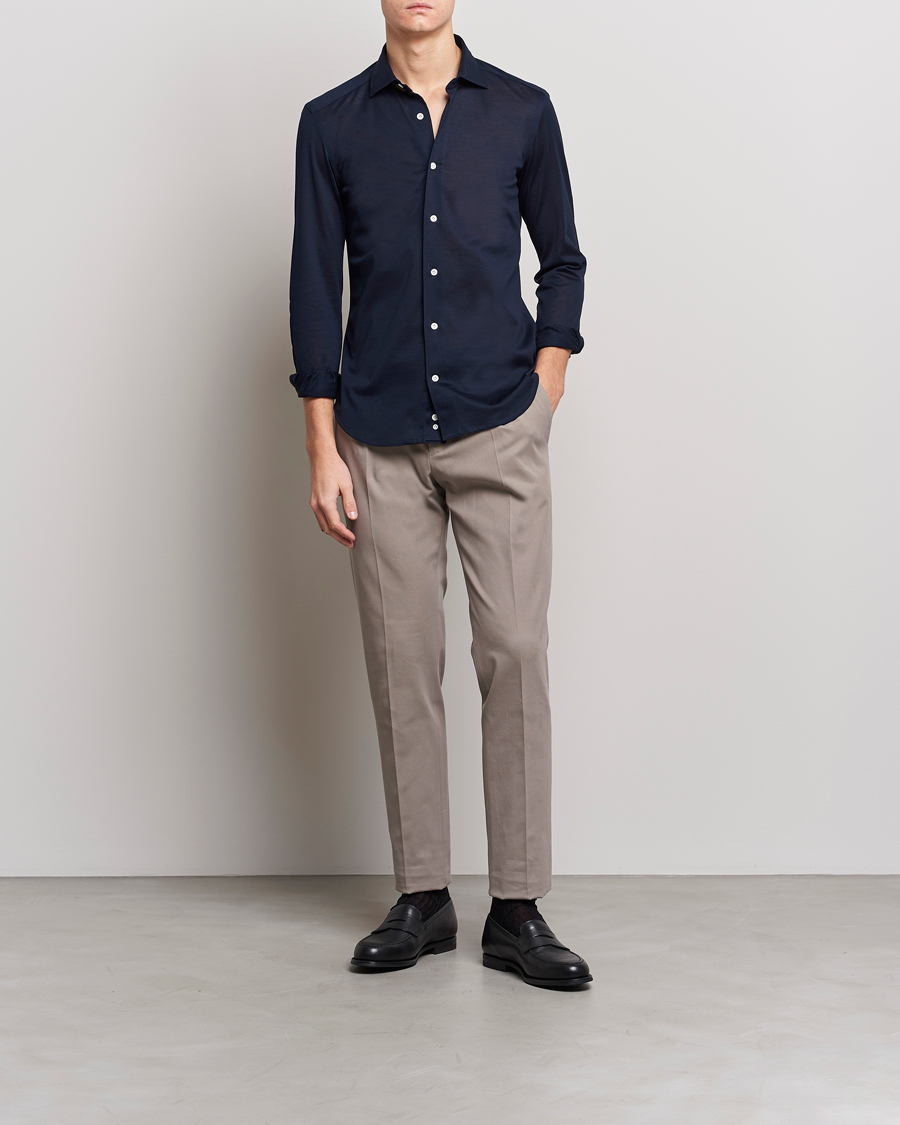 Herr | Skjortor | Mazzarelli | Soft Washed Piquet Shirt Navy