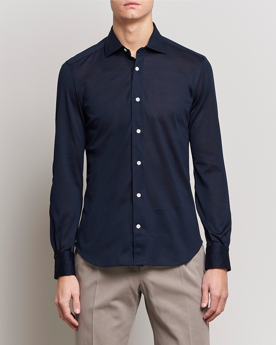Herr | Skjortor | Mazzarelli | Soft Washed Piquet Shirt Navy