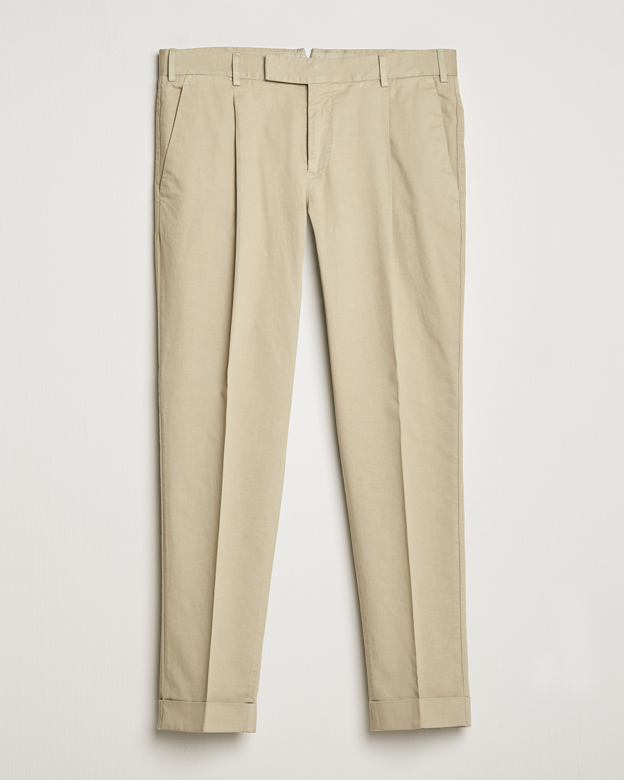 Herr | Byxor | PT01 | Slim Fit Pleated Linen Blend Trousers Beige