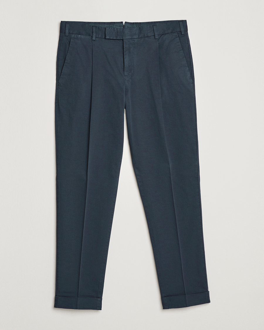 Herr | Byxor | PT01 | Slim Fit Pleated Linen Blend Trousers Navy