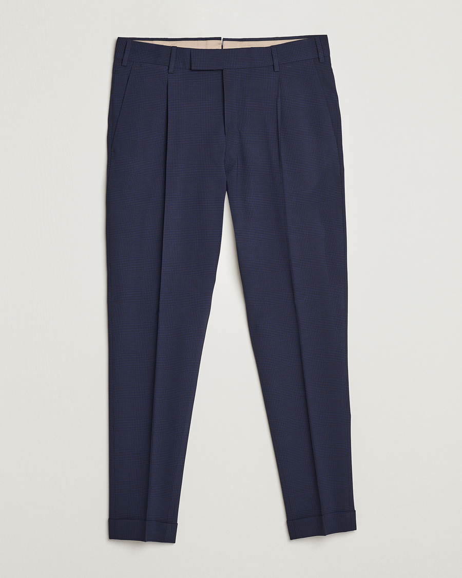 Herr | Byxor | PT01 | Slim Fit Pleated Glencheck Wool Trousers Navy
