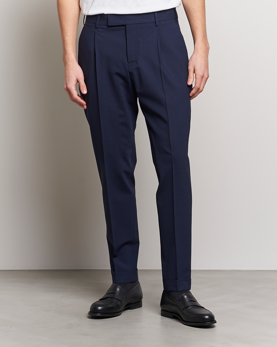 Herr | Uddabyxor | PT01 | Slim Fit Pleated Glencheck Wool Trousers Navy