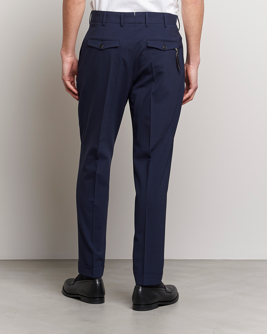 Herr | Byxor | PT01 | Slim Fit Pleated Glencheck Wool Trousers Navy