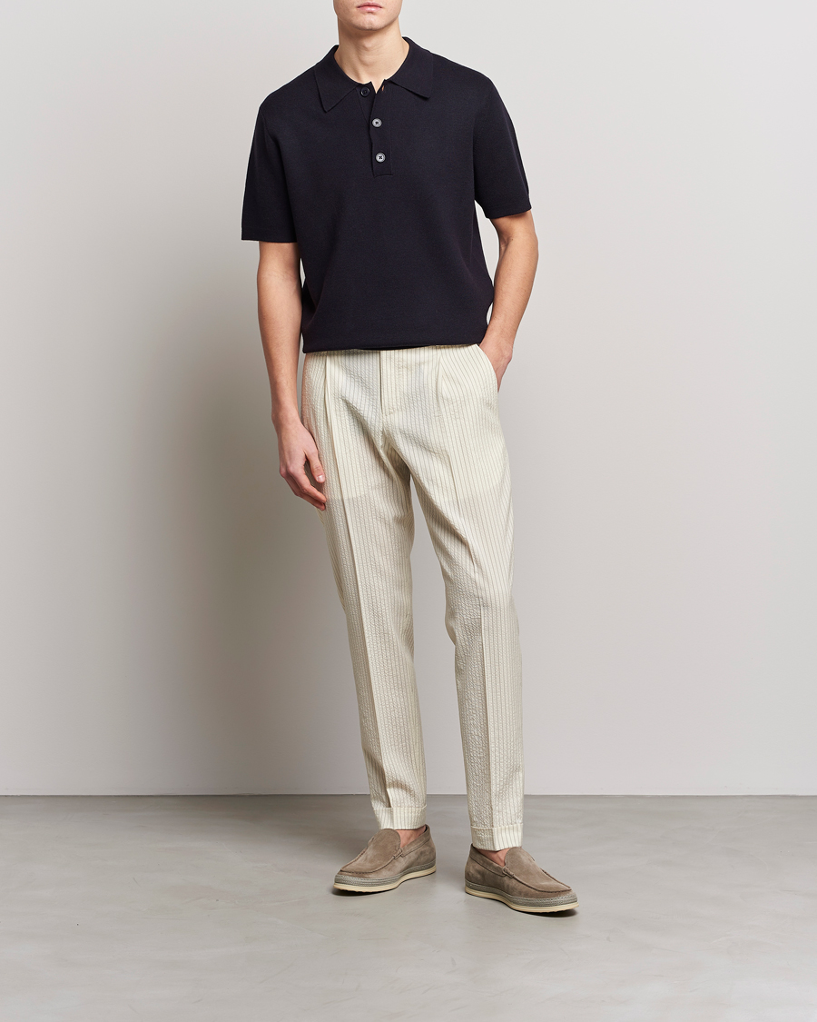 Herr | Byxor | PT01 | Slim Fit Pleated Wool Seersucker Trousers Off White