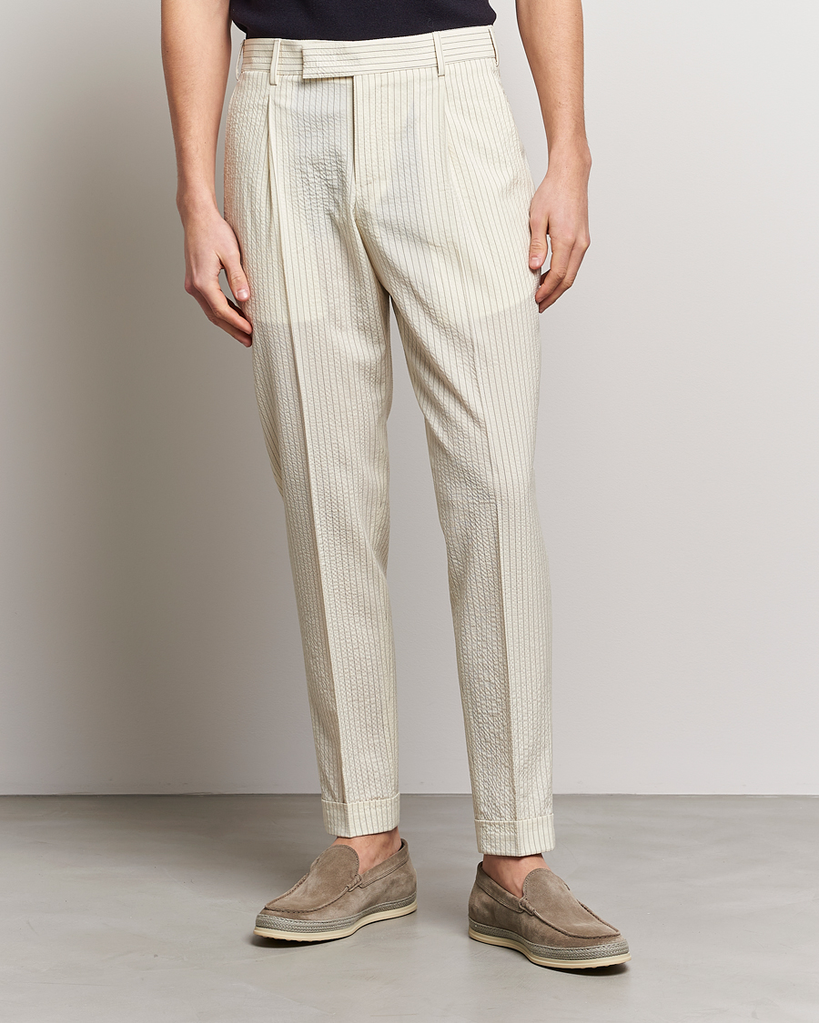 Herr | Uddabyxor | PT01 | Slim Fit Pleated Wool Seersucker Trousers Off White