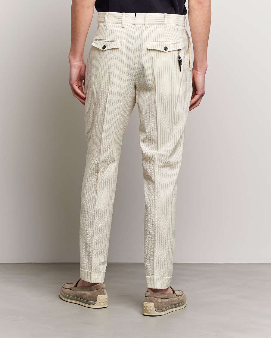 Herr | Byxor | PT01 | Slim Fit Pleated Wool Seersucker Trousers Off White