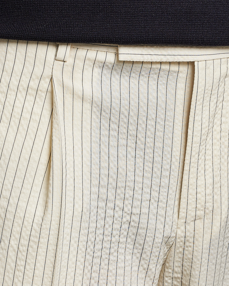 Herr | Byxor | PT01 | Slim Fit Pleated Wool Seersucker Trousers Off White