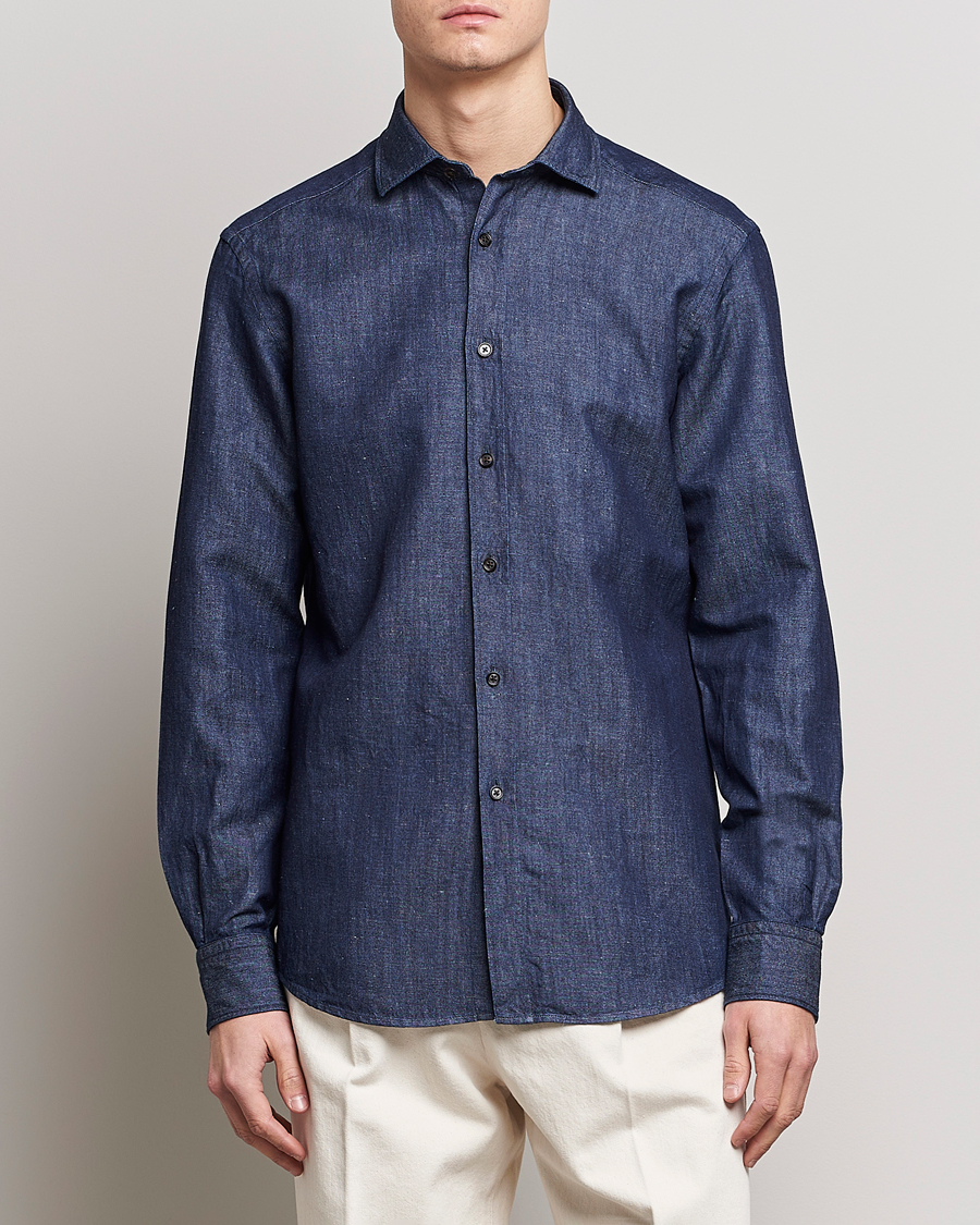 Herr | Jeansskjortor | Zegna | Cotton/Linen Denim Shirt Dark Wash