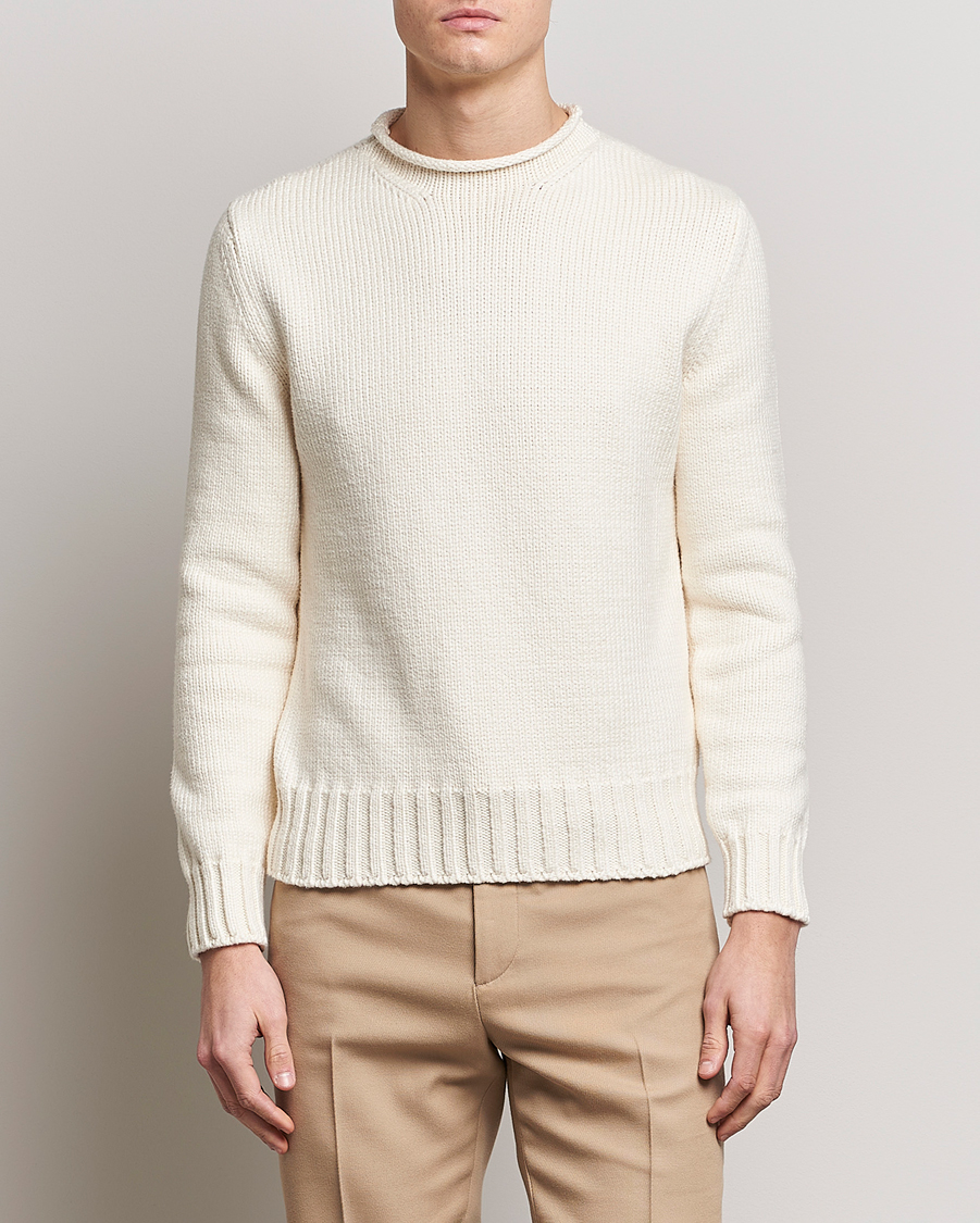 Herr | Stickade tröjor | Ralph Lauren Purple Label | Caged Cotton Rib Sweater Natural