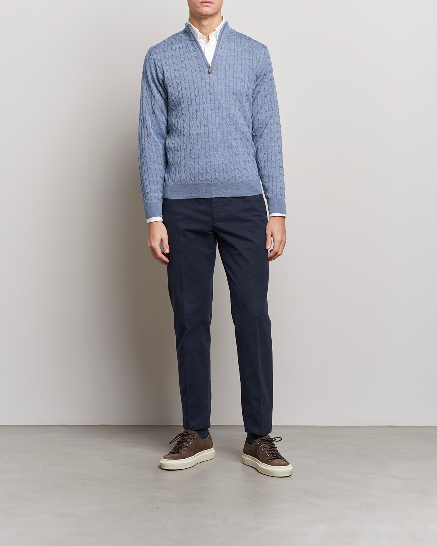 Herr | Tröjor | Stenströms | Merino Cable Half Zip Light Blue