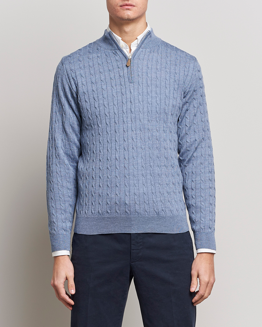 Herr | Tröjor | Stenströms | Merino Cable Half Zip Light Blue