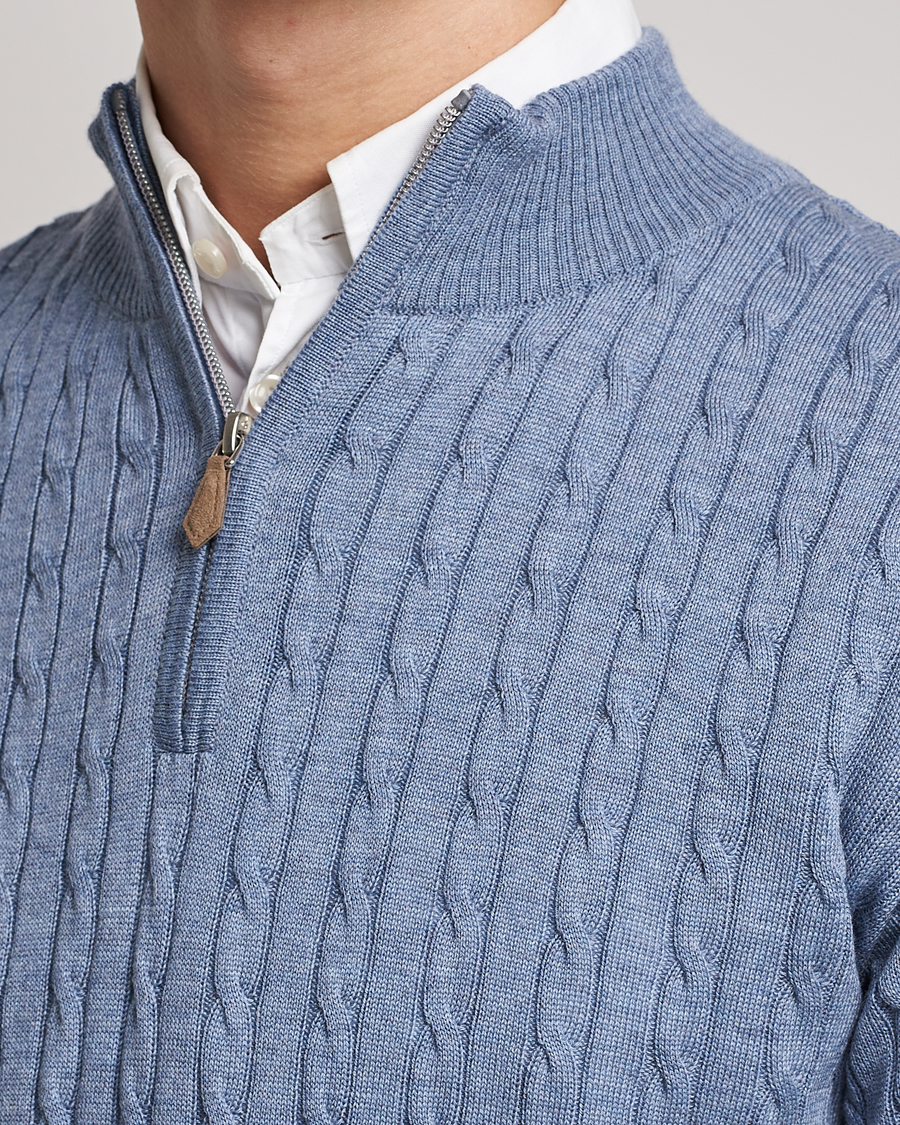 Herr | Tröjor | Stenströms | Merino Cable Half Zip Light Blue
