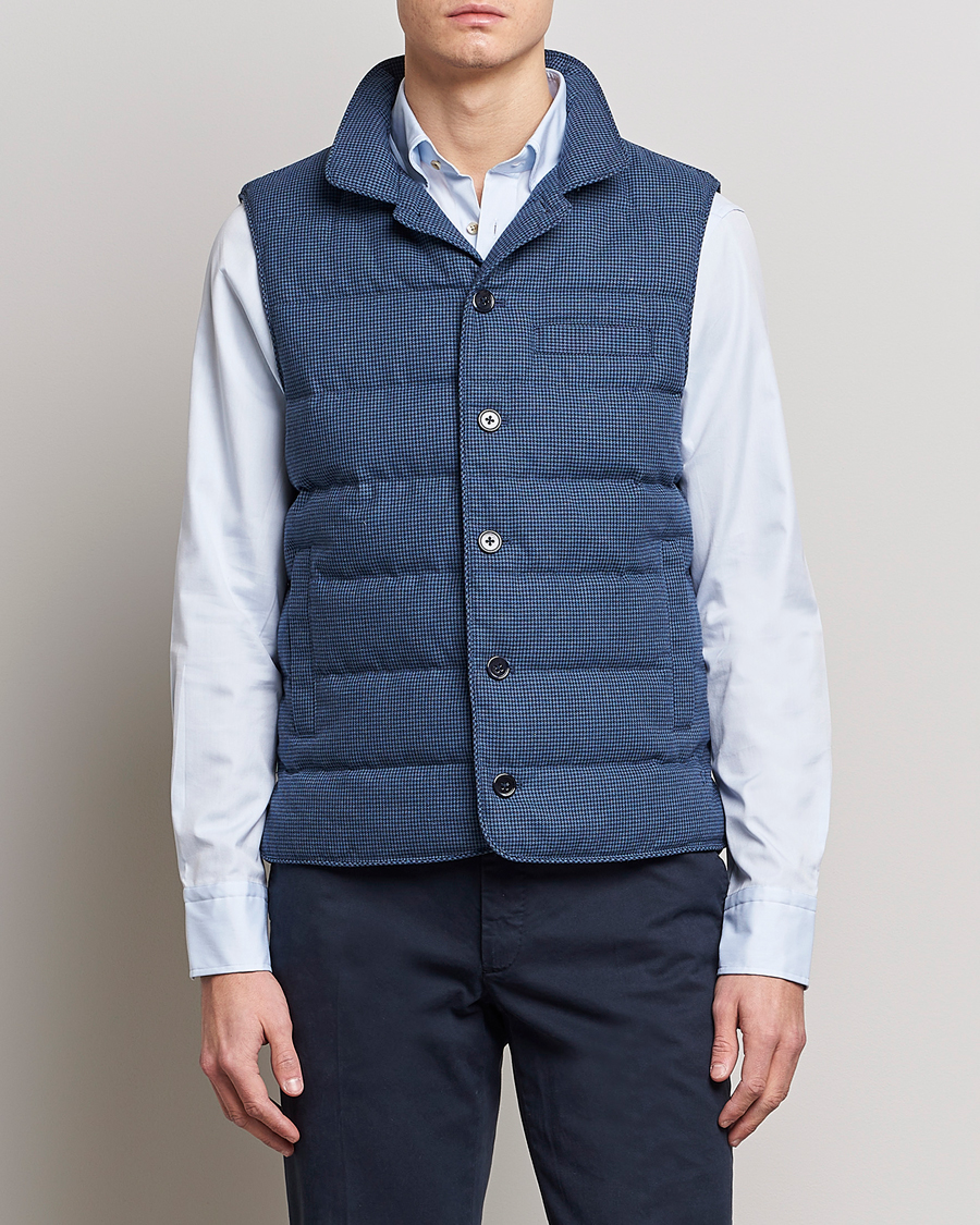 Herr | Västar | Stenströms | Padded Houndstooth Linen Vest Blue