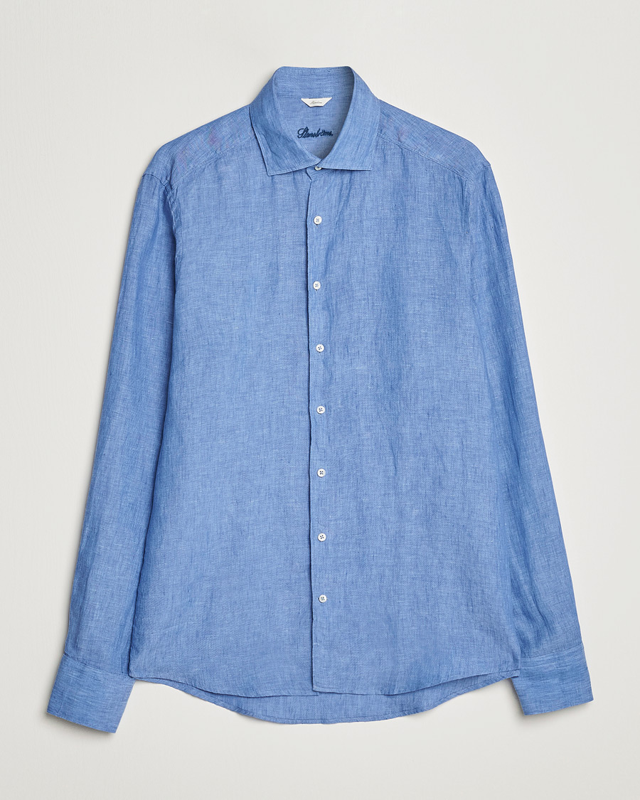 Herr | Skjortor | Stenströms | Slimline Cut Away Linen Shirt Mid Blue