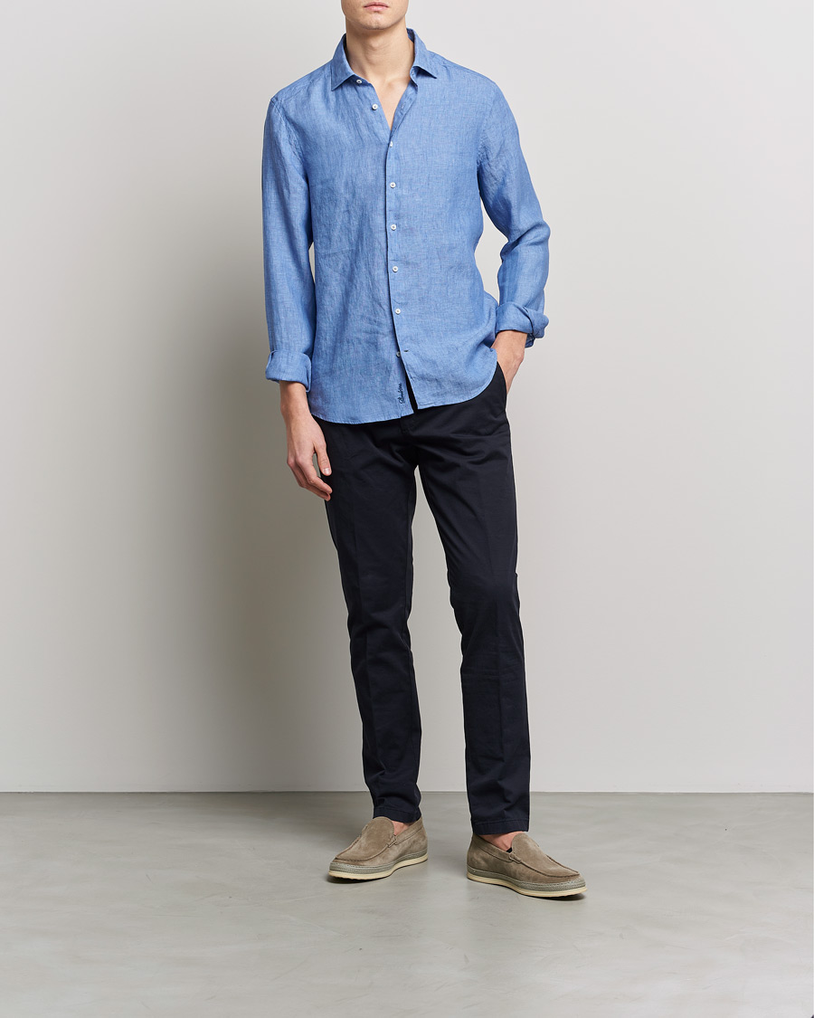 Herr | Skjortor | Stenströms | Slimline Cut Away Linen Shirt Mid Blue