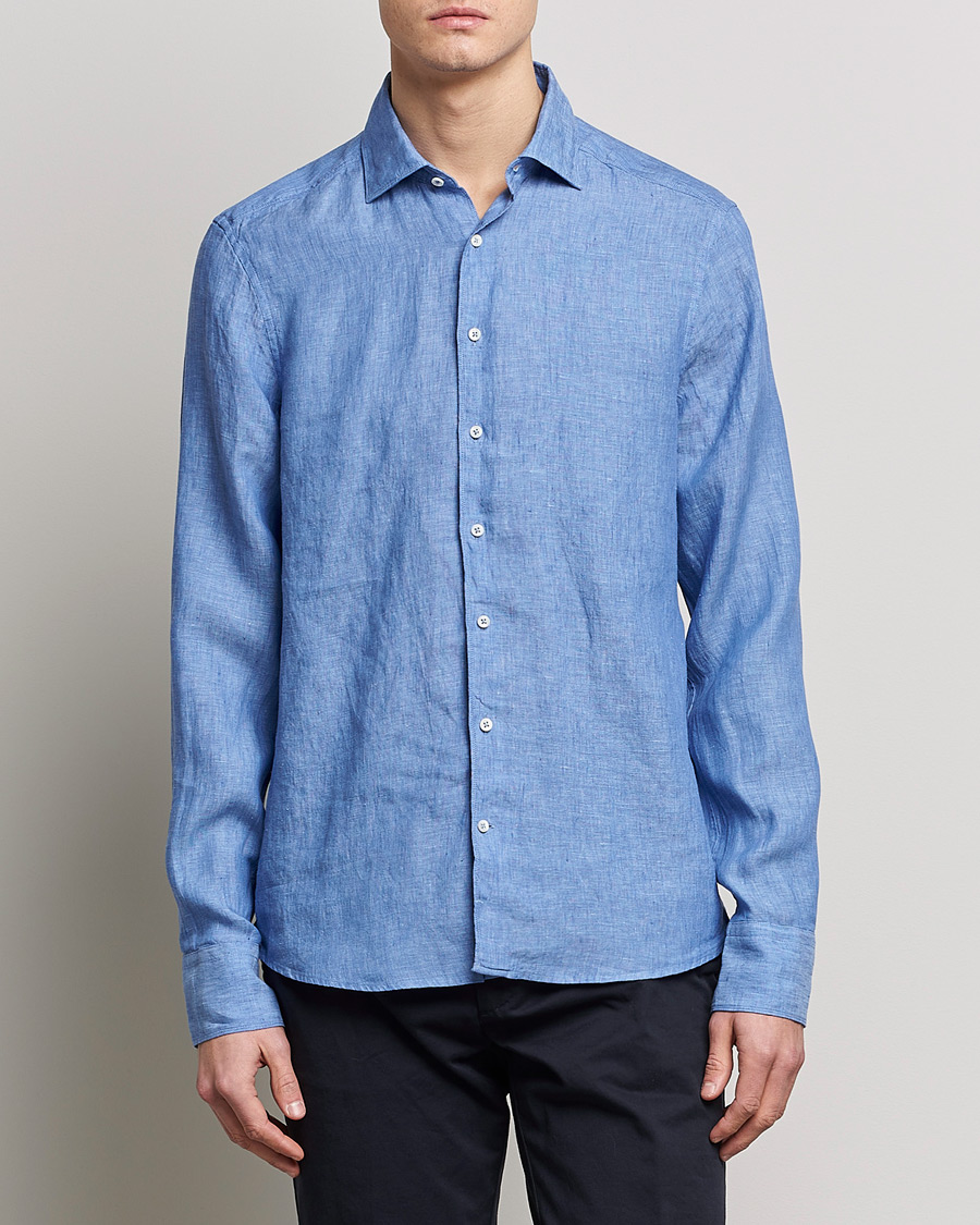 Herr | Skjortor | Stenströms | Slimline Cut Away Linen Shirt Mid Blue