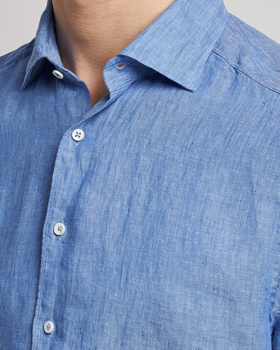 Herr | Skjortor | Stenströms | Slimline Cut Away Linen Shirt Mid Blue