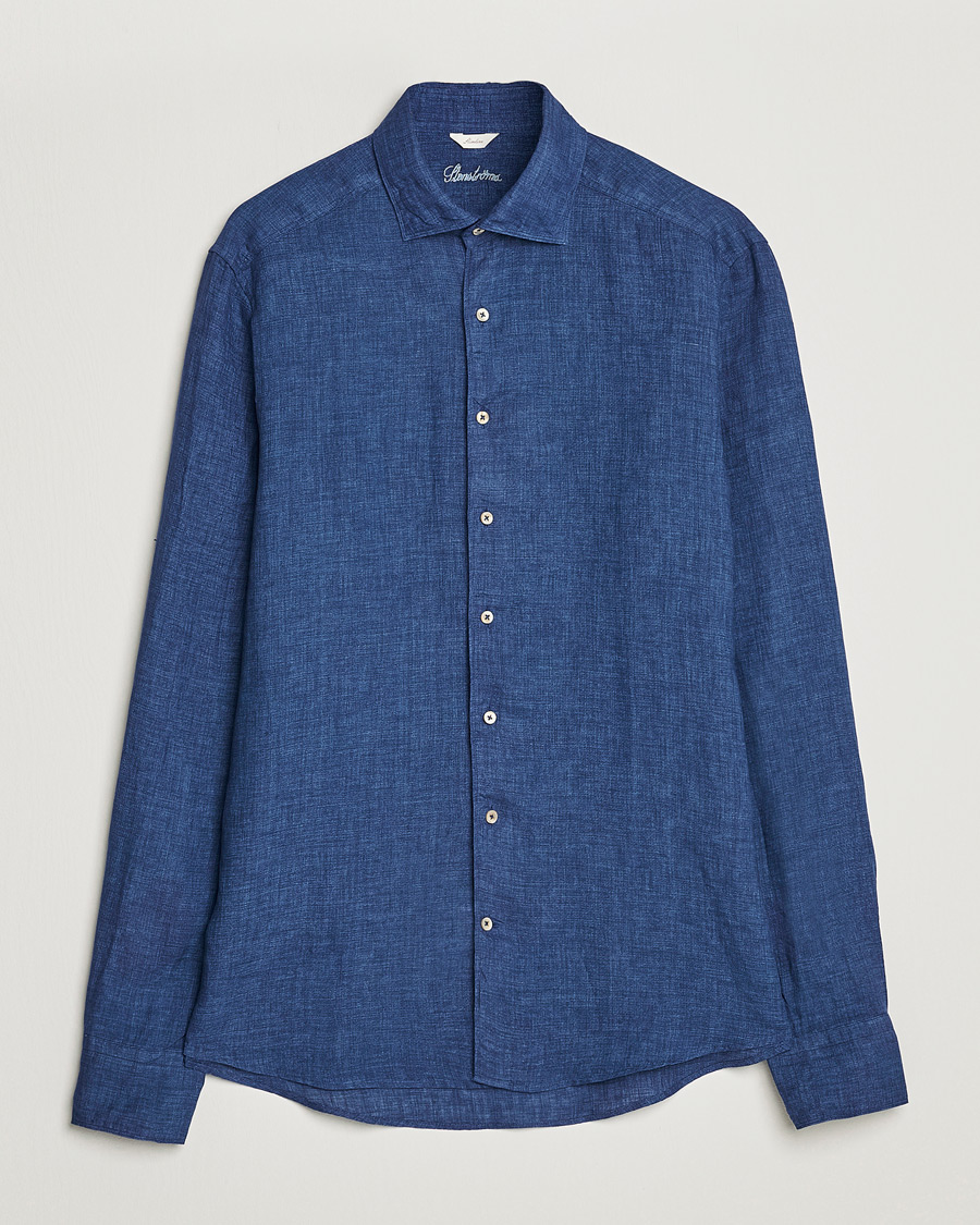Herr | Skjortor | Stenströms | Slimline Cut Away Linen Shirt Dark Blue