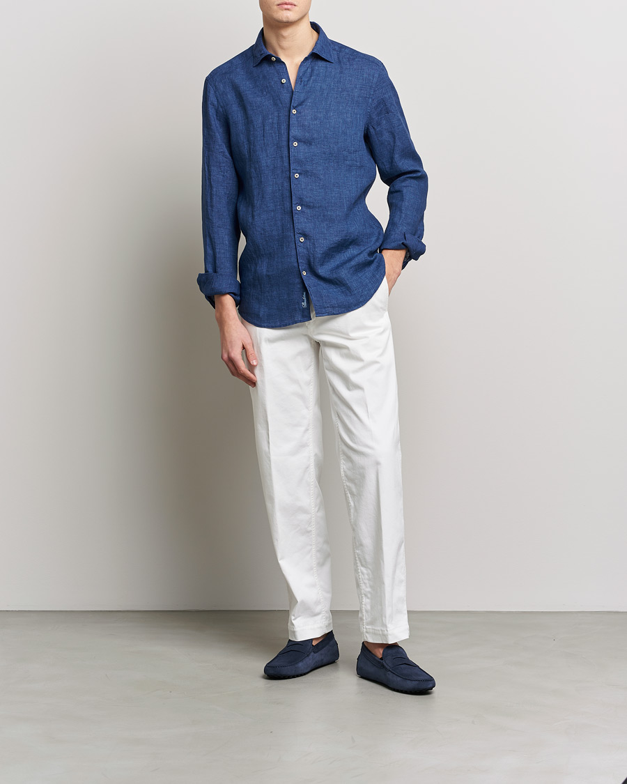 Herr | Skjortor | Stenströms | Slimline Cut Away Linen Shirt Dark Blue