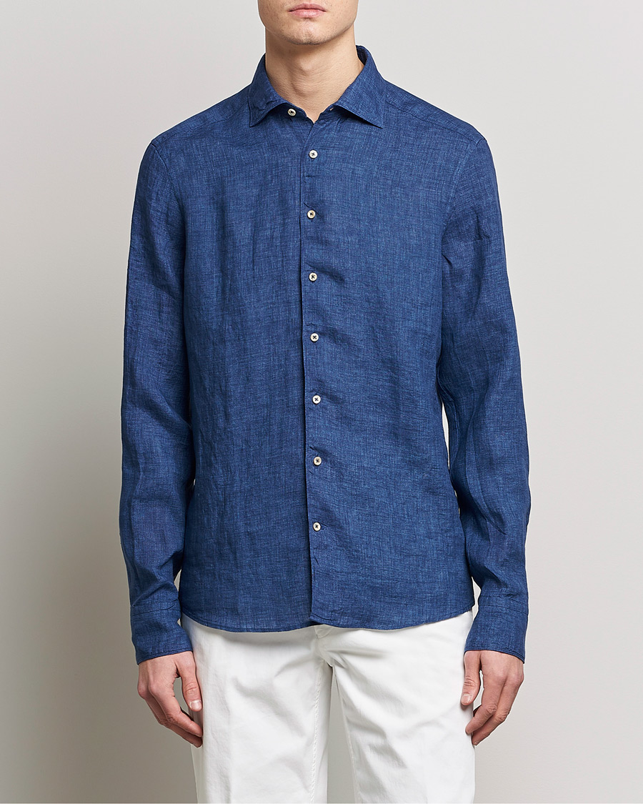 Herr | Casual | Stenströms | Slimline Cut Away Linen Shirt Dark Blue