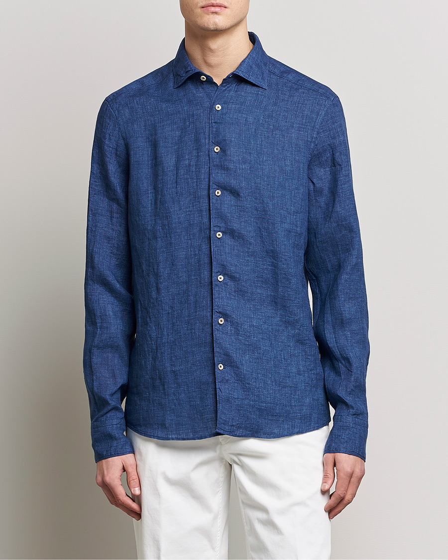 Herr | Skjortor | Stenströms | Slimline Cut Away Linen Shirt Dark Blue