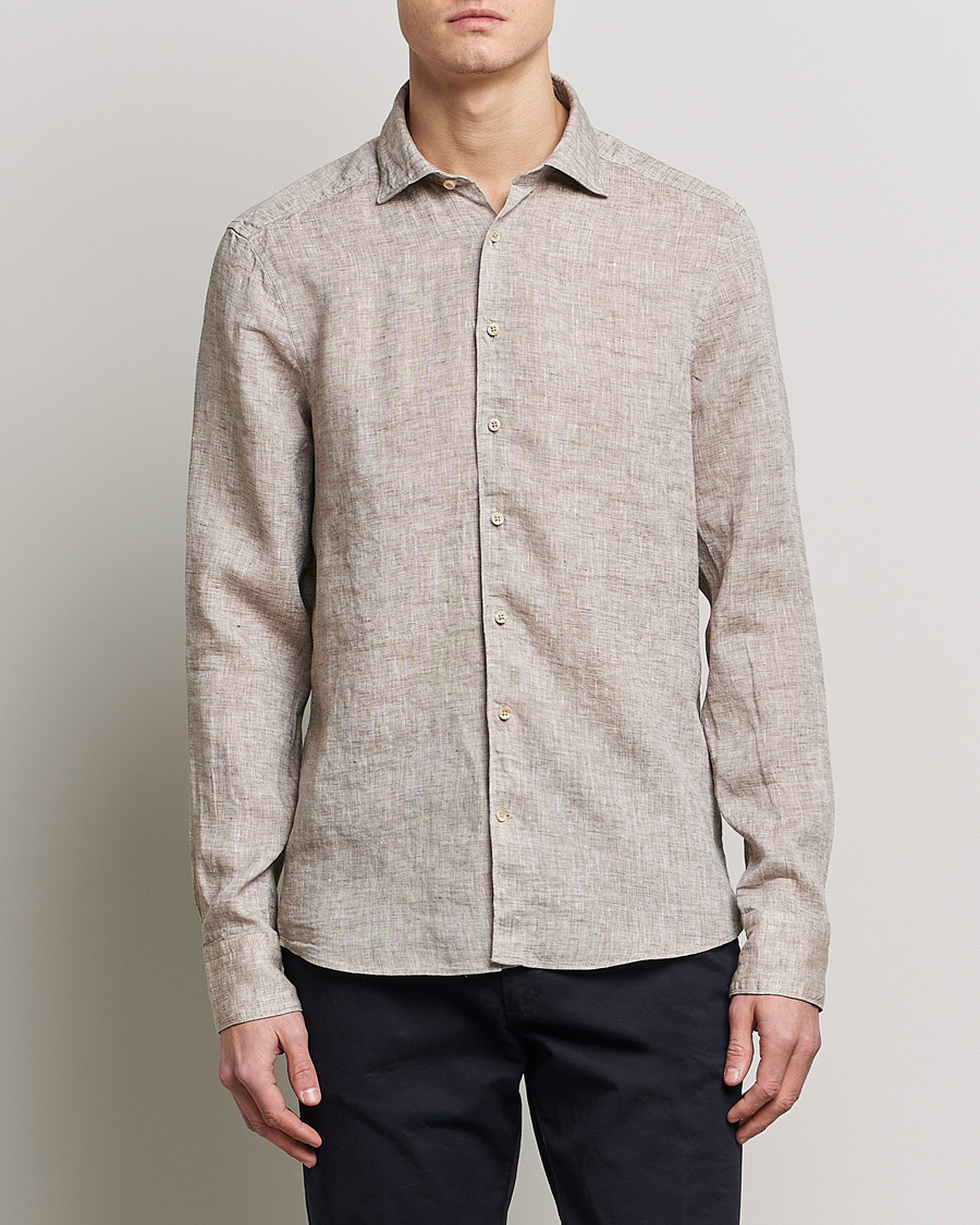 Herr | Casual | Stenströms | Slimline Cut Away Linen Shirt Light Brown