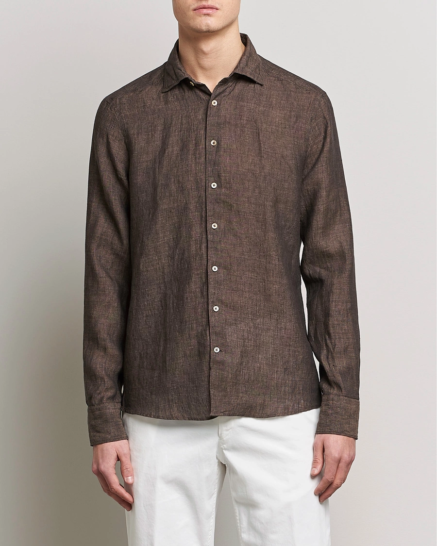 Herr | Kavaj | Stenströms | Slimline Cut Away Linen Shirt Dark Brown