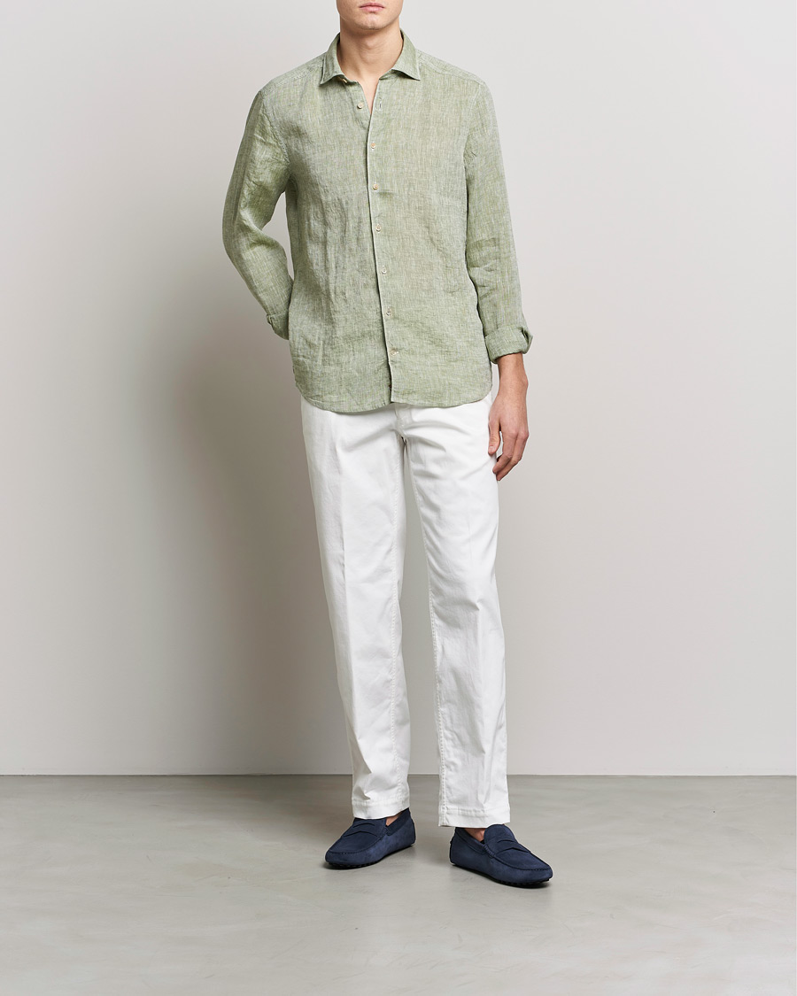 Herr | Skjortor | Stenströms | Slimline Cut Away Linen Shirt Green