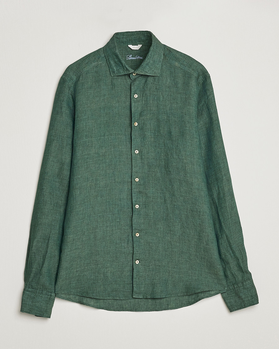 Herr | Skjortor | Stenströms | Slimline Cut Away Linen Shirt Dark Green