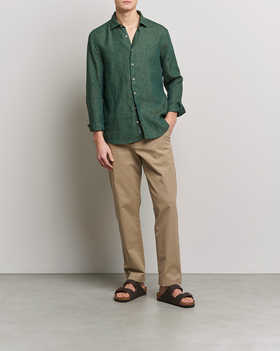 Herr | Skjortor | Stenströms | Slimline Cut Away Linen Shirt Dark Green