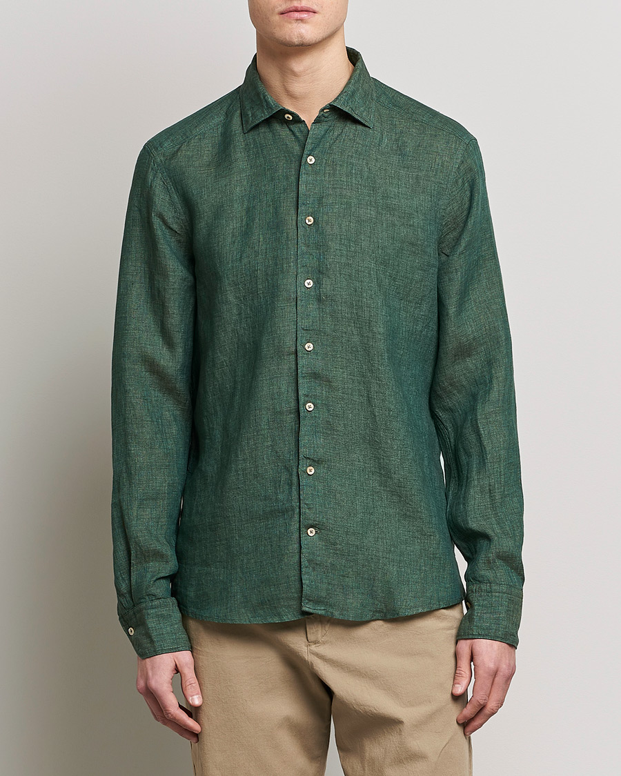 Herr | Skjortor | Stenströms | Slimline Cut Away Linen Shirt Dark Green