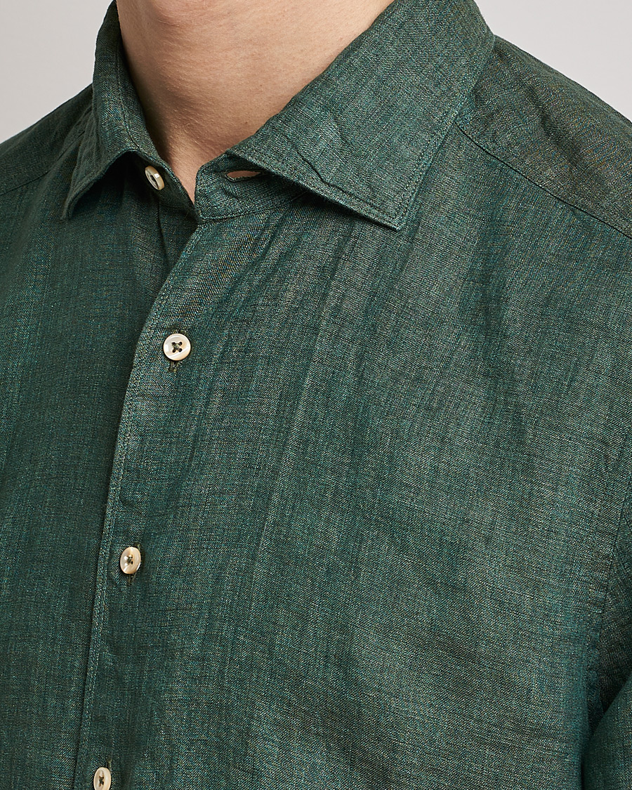 Herr | Skjortor | Stenströms | Slimline Cut Away Linen Shirt Dark Green