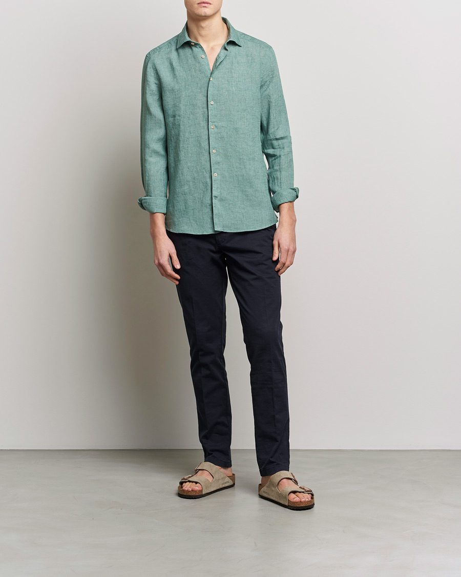 Herr | Skjortor | Stenströms | Slimline Cut Away Linen Shirt Deep Green
