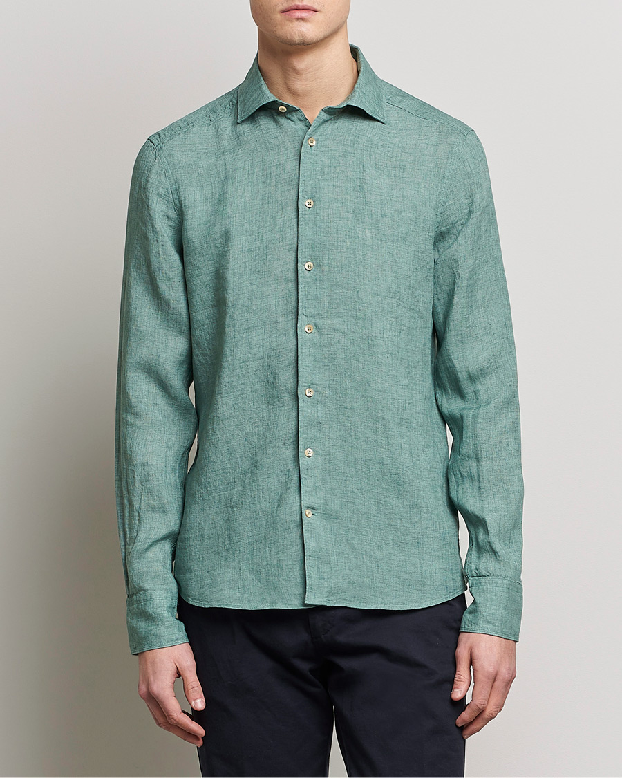Herr |  | Stenströms | Slimline Cut Away Linen Shirt Deep Green