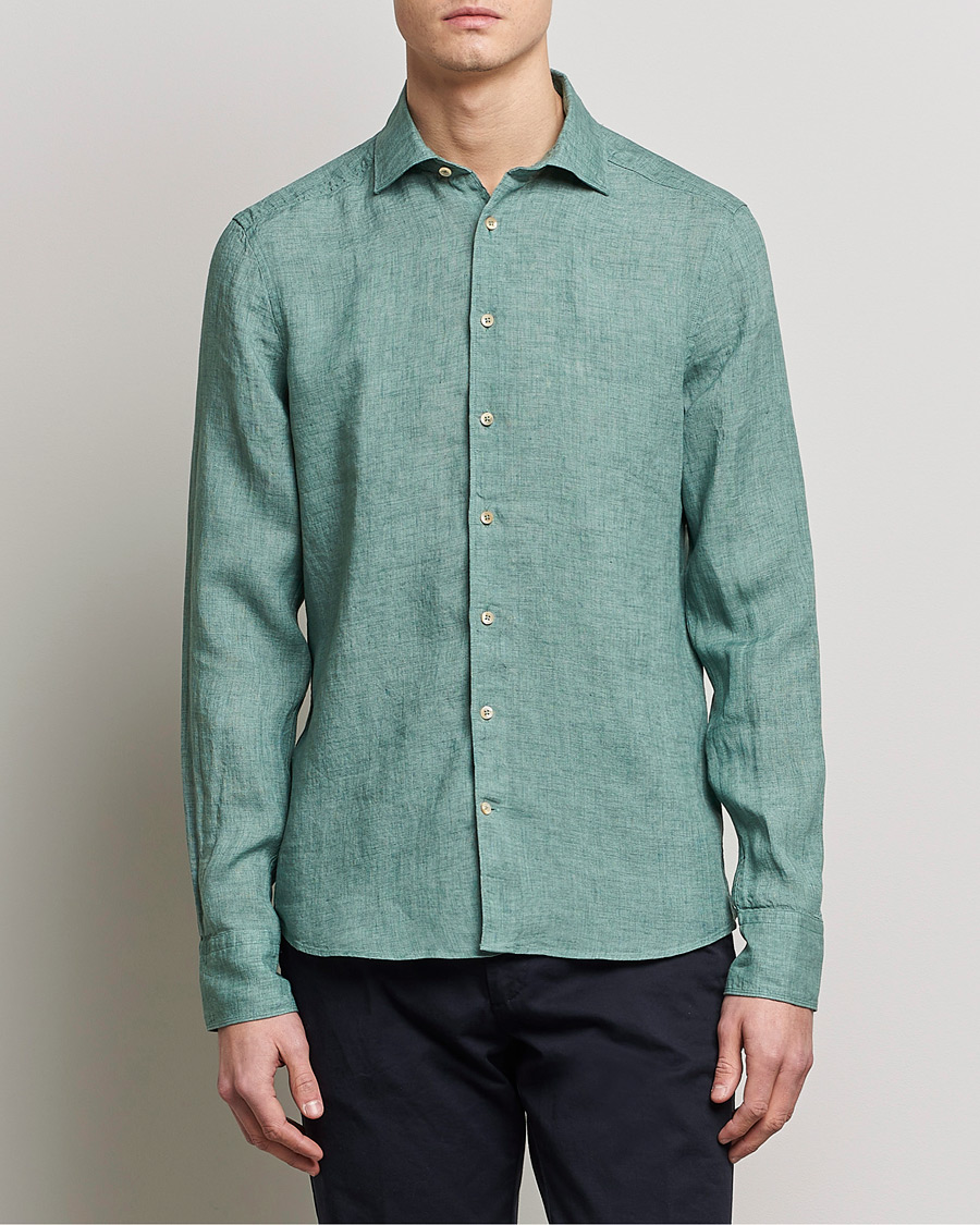 Herr | Skjortor | Stenströms | Slimline Cut Away Linen Shirt Deep Green