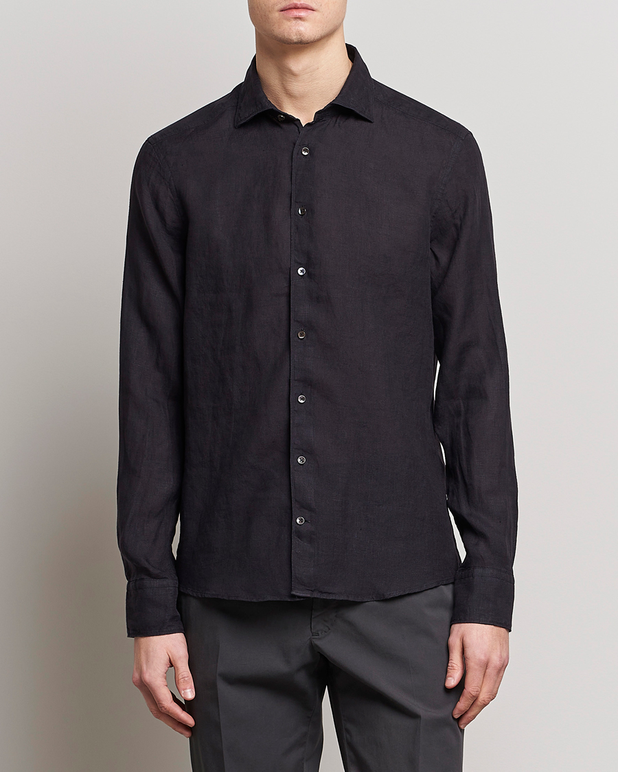Herr | Casual | Stenströms | Slimline Cut Away Linen Shirt Black