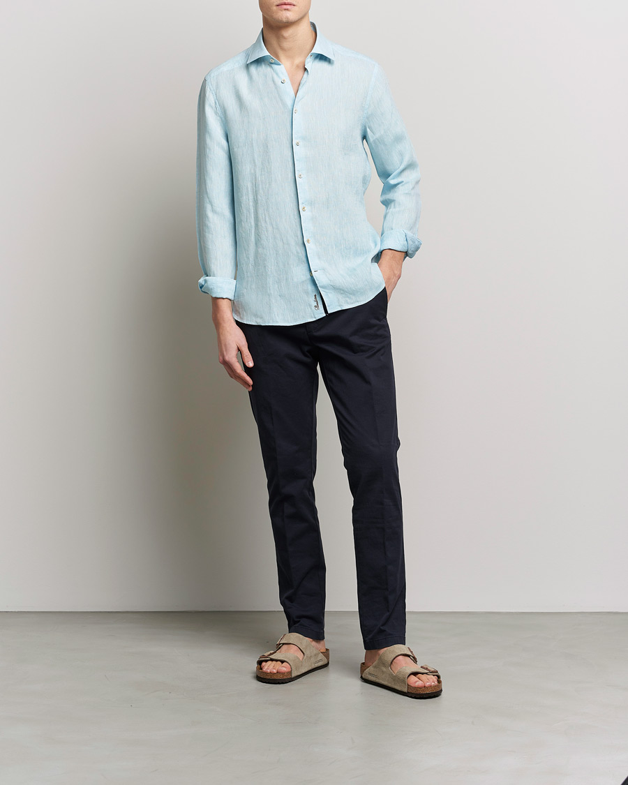 Herr | Skjortor | Stenströms | Slimline Cut Away Linen Shirt Turqoise