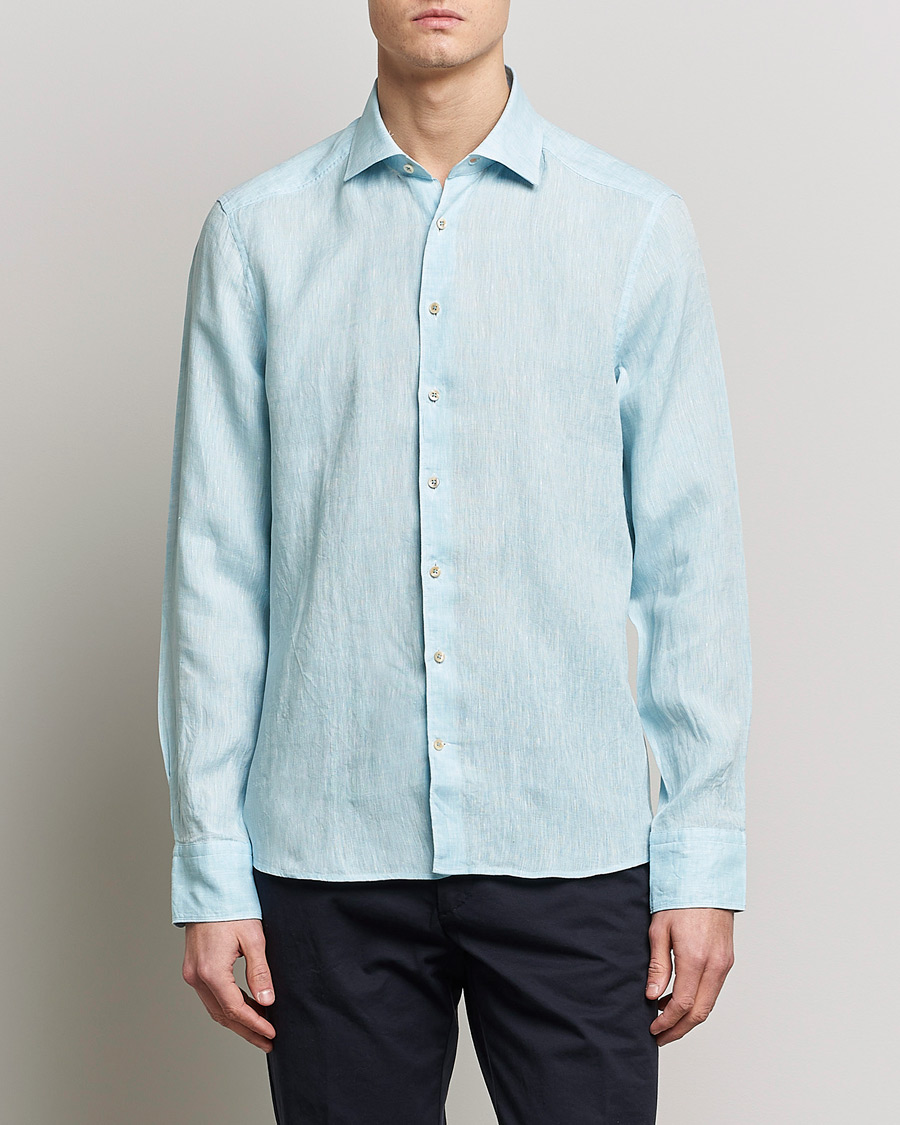 Herr | Skjortor | Stenströms | Slimline Cut Away Linen Shirt Turqoise