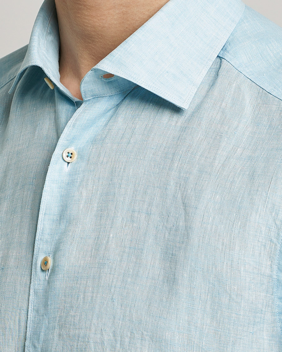 Herr | Skjortor | Stenströms | Slimline Cut Away Linen Shirt Turqoise