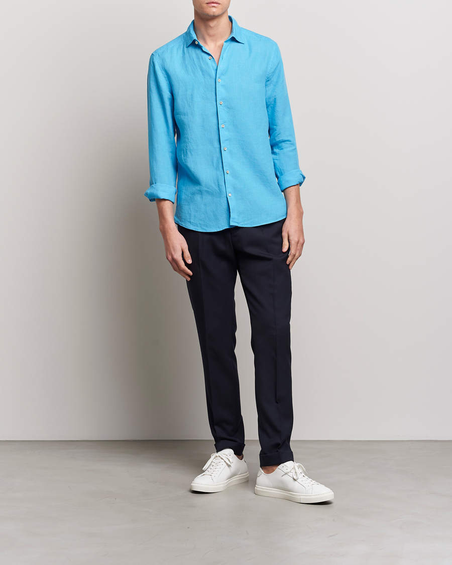 Herr | Skjortor | Stenströms | Slimline Cut Away Linen Shirt High Blue