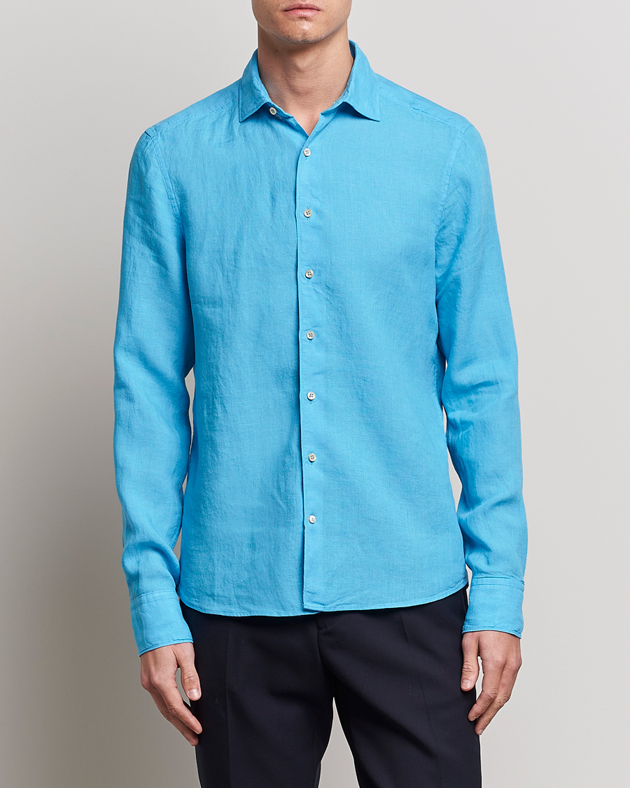 Herr | Skjortor | Stenströms | Slimline Cut Away Linen Shirt High Blue