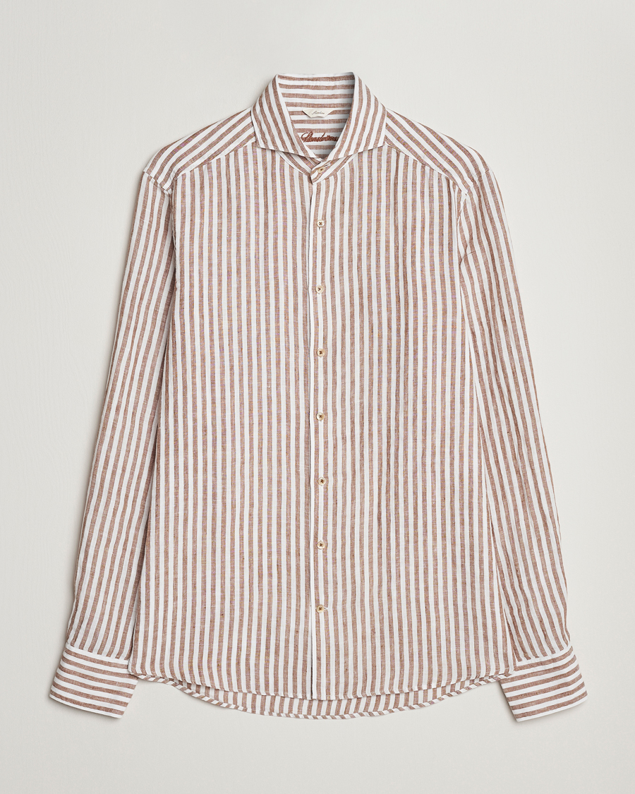 Herr | Skjortor | Stenströms | Slimline Cut Away Striped Linen Shirt Brown