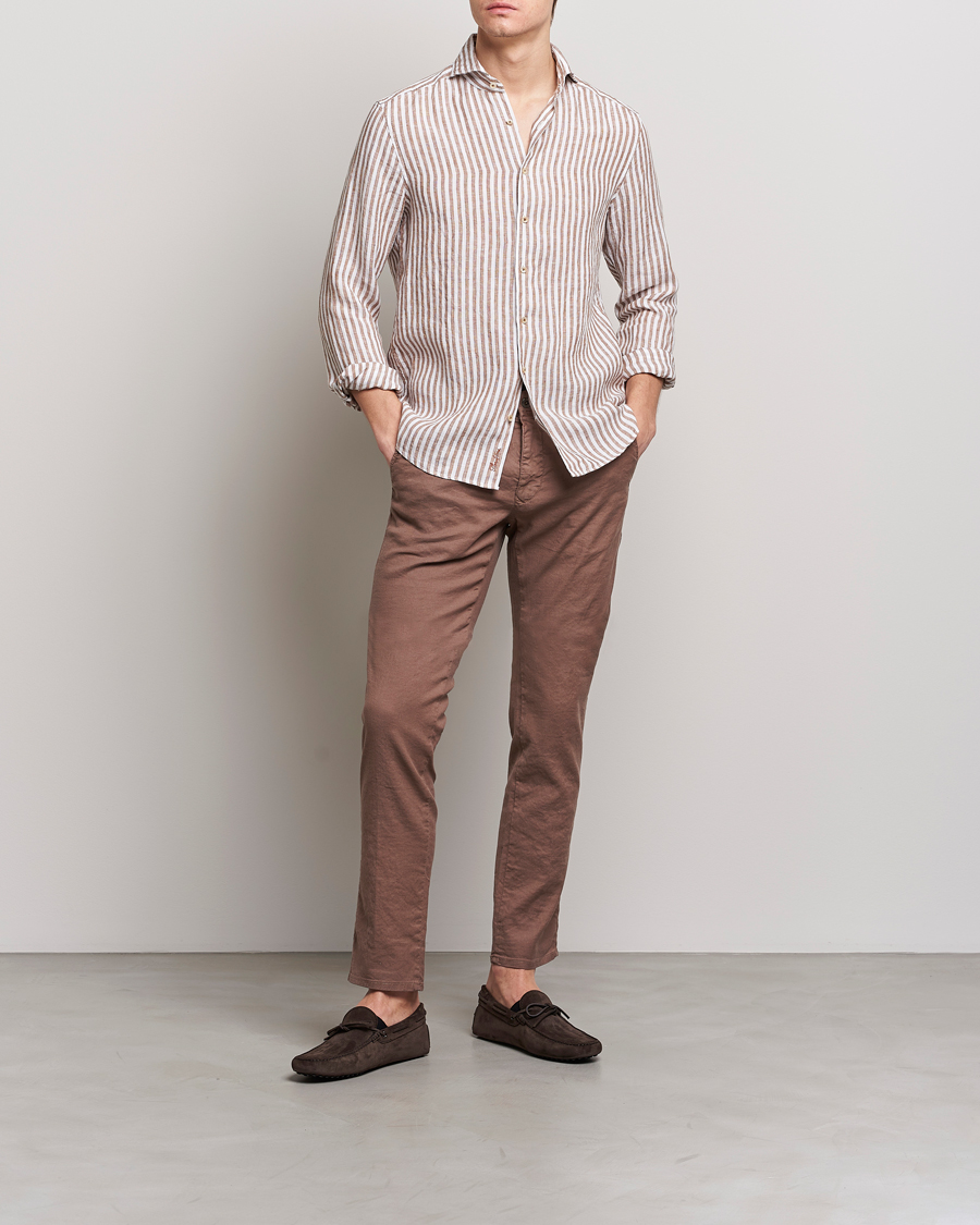 Herr | Skjortor | Stenströms | Slimline Cut Away Striped Linen Shirt Brown